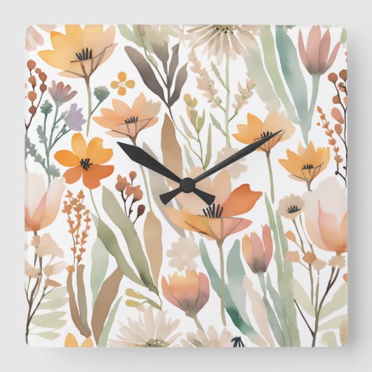 Wildflower Boho Waterverf Floral Pastel Decor Vierkante Klok (Voorkant)