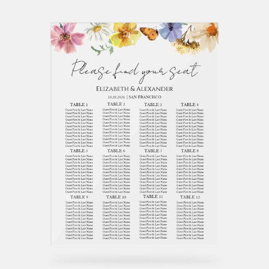 Wildflower Boho Wedding Acryl Zitting Grafiek Acryl Bord (Voorkant)