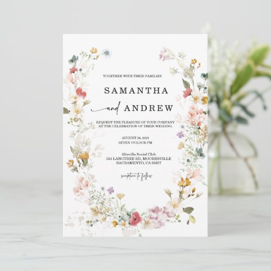 Wildflower Boho Wedding Invitation Kaart (Staand voorkant)
