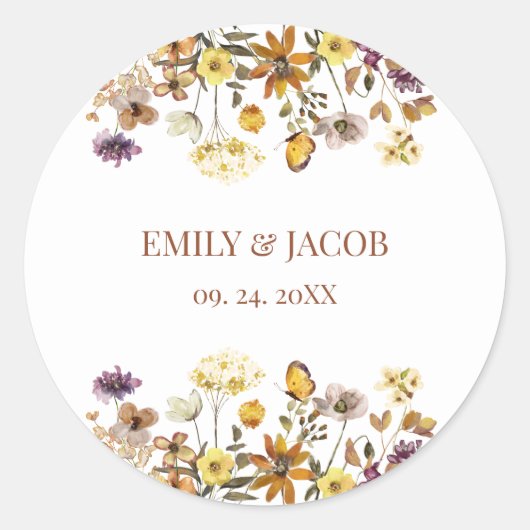 Wildflower Boho Wedding Ronde Sticker (Voorkant)