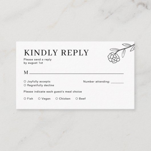 Wildflower Boho Zwart-Wit Bruiloft RSVP Informatiekaartje (Voorkant)