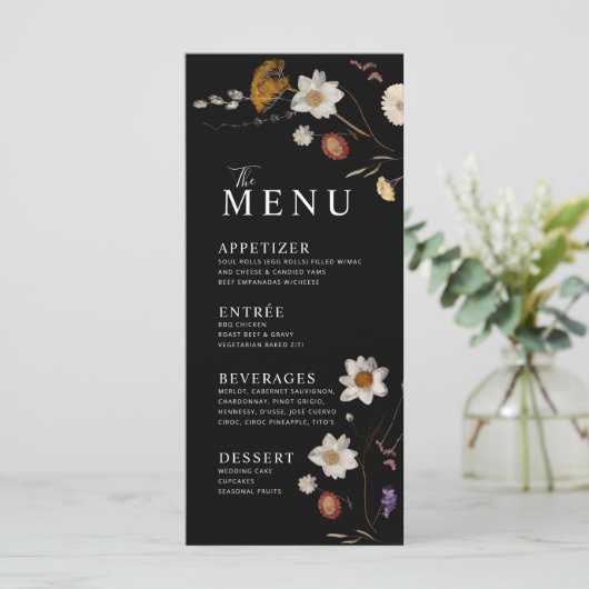 Wildflower Boho Zwarte Menu (Staand voorkant)