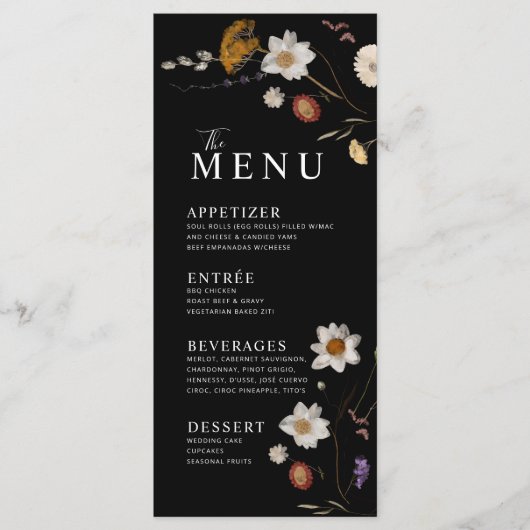Wildflower Boho Zwarte Menu (Voorkant)