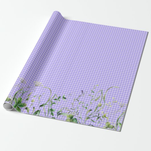 Wildflower Border op Paarse Gingham Cadeaupapier (Uitgerold)