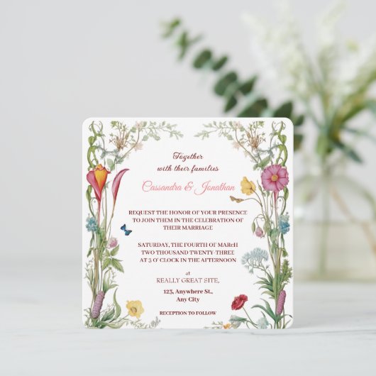 Wildflower Botanical Flowers & Butterflies Wedding Kaart (Staand voorkant)