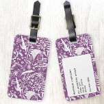 Wildflower Botanische Plum Paarse Gepersonaliseerd Bagagelabel<br><div class="desc">bloemige botanische silhouetten van natuur,  wit gebladerte,  bladeren en wilde bloemen op een paarse achtergrond. Verander de contactgegevens op de keerzijde.</div>