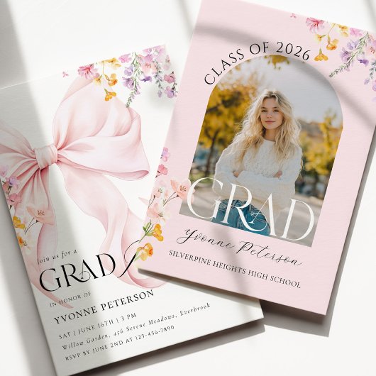 Wildflower & Bow Graduation Invitation Kaart
