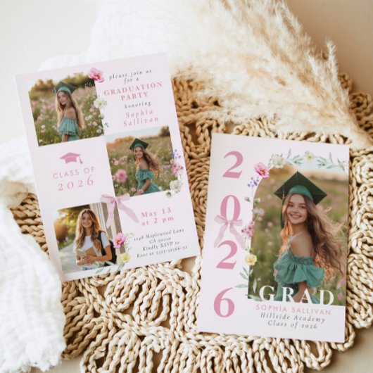 Wildflower Bow Graduation party Photo Collage Kaart