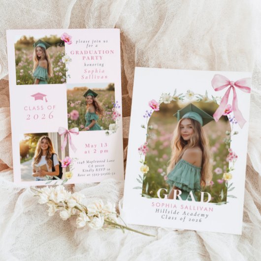 Wildflower Bow Graduation party Photo Collage Kaart