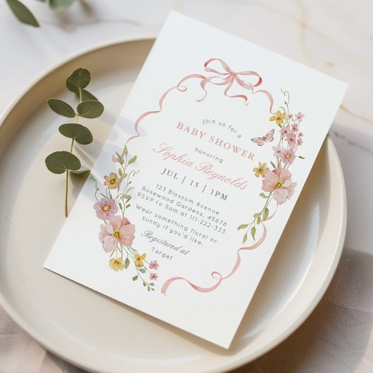 Wildflower Bow lijst Roze Baby shower Kaart