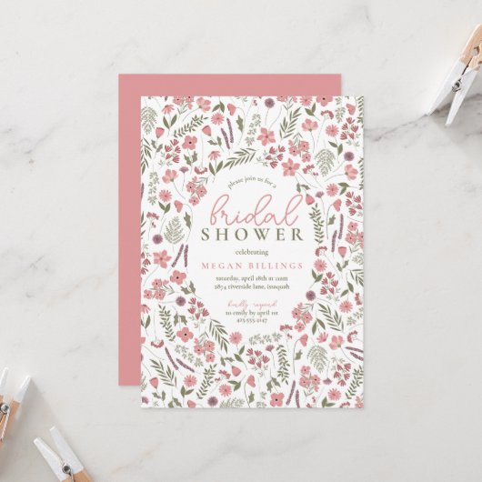 wildflower bridal shower invitation - pink kaart (Voorkant / Achterkant in situ)