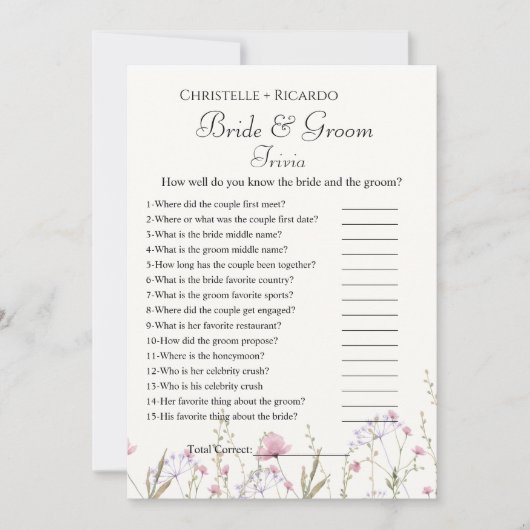 Wildflower bruid & bruidegom trivia vrijgezellenfe aankondiging (Voorkant)