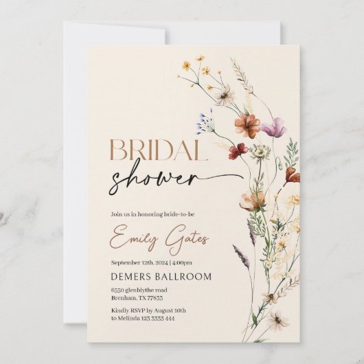 Wildflower Bruids Douche Uitnodiging, Bloemen Boho Kaart (Voorkant)