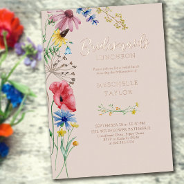 Wildflower Bruidsmeisjes Lunch Florale Roze Goud Folie Uitnodiging