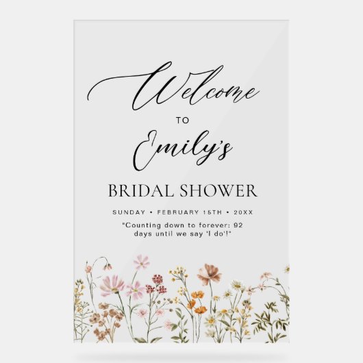 Wildflower Bruidsshower Welkomstbord In Bloei Acryl Bord (Voorkant)