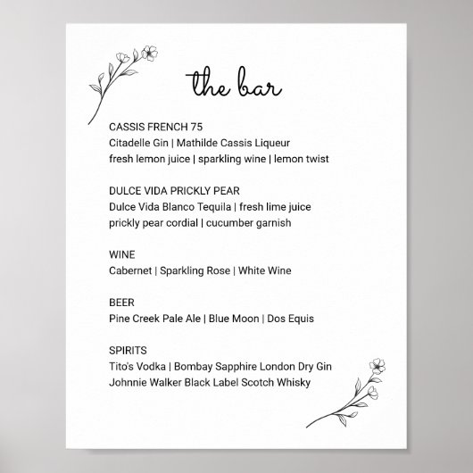 Wildflower bruiloft bar menu teken poster (Voorkant)