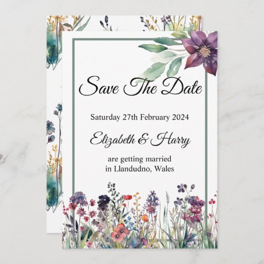 Wildflower bruiloft Bewaar de datum Kaart (Voorkant / Achterkant)
