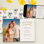 Wildflower bruiloft Boho Land Bloemen Foto Save The Date<br><div class="desc">Wildflower bruiloft bewaar de datum met aangepaste foto en waterverf wilde bloemen. Dit rustieke botanische landelijke ontwerp heeft een sierlijke scheidingslijn van wilde bloemen en een patroon van madeliefje en korenbloem op de rug. Een elegante moderne bloemen met meisjesachtige, bohemian tuin thema. Blader door mijn winkel in het Wildflower Charm-collectie...</div>