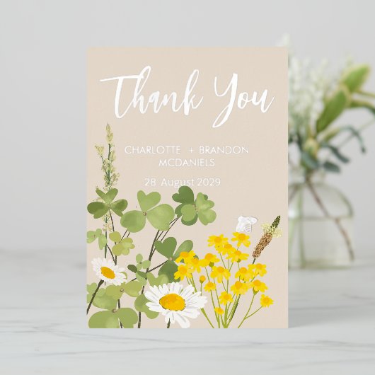 Wildflower bruiloft dank u goud folie uitnodiging (Staand Voorkant)