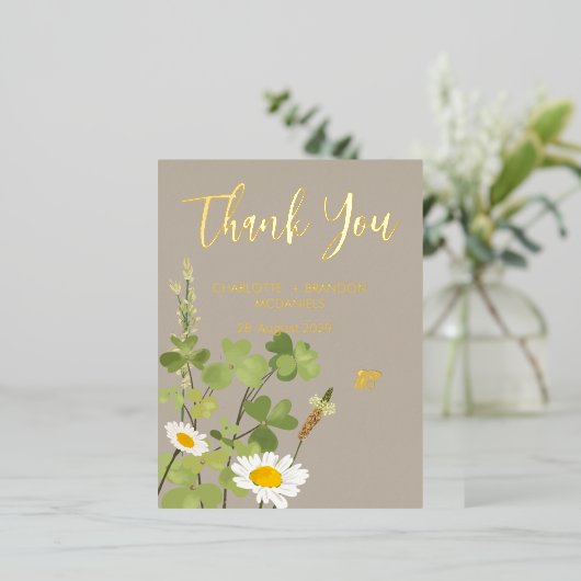 Wildflower bruiloft dank u goud folie uitnodiging briefkaart (Staand Voorkant)