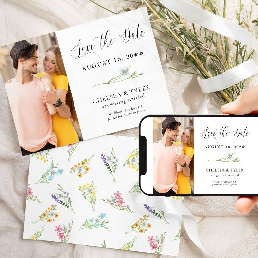 Wildflower bruiloft delicate bloemen en foto save the date