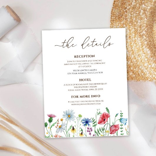 Wildflower bruiloft details informatiekaartje