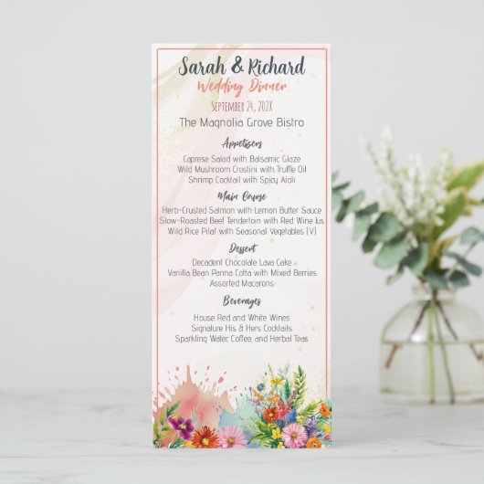 Wildflower bruiloft diner menu (Staand voorkant)