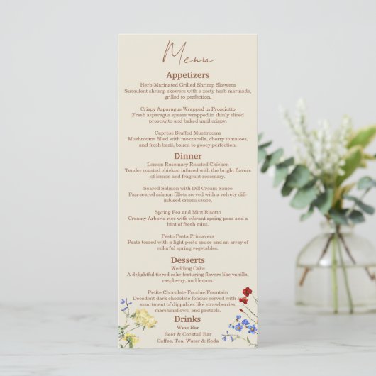 Wildflower bruiloft diner menu (Staand voorkant)
