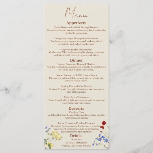 Wildflower bruiloft diner menu (Voorkant)