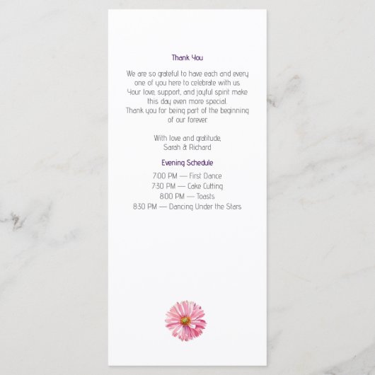 Wildflower bruiloft diner menu (Achterkant)