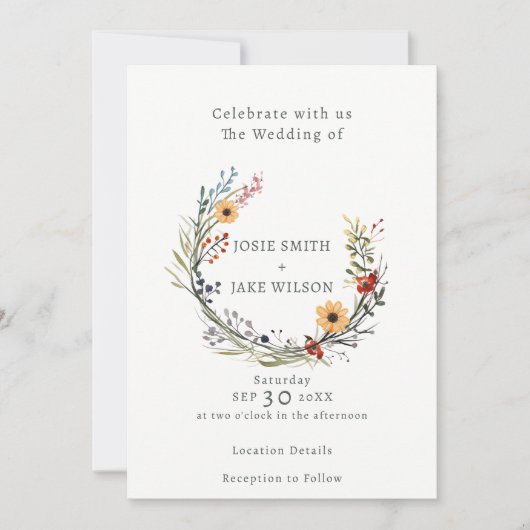 Wildflower bruiloft krans bruiloft uitnodiging (Voorkant)