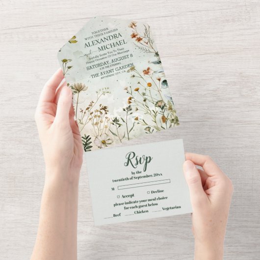 Wildflower Bruiloft Land Bloemen Bruiloft All In One Uitnodiging (Afscheurbaar)