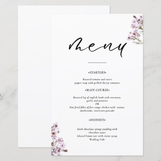 Wildflower Bruiloft Menu (Voorkant / Achterkant)