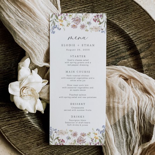 Wildflower bruiloft menu grillige Boho bloemen