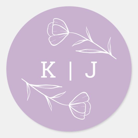 Wildflower Bruiloft Monogram Sticker in Lila (Voorkant)