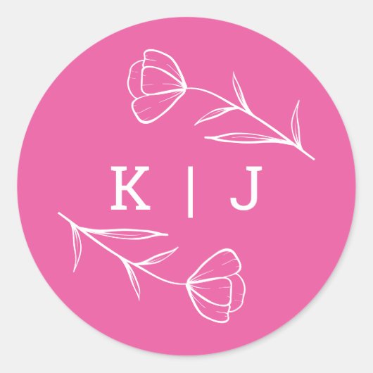 Wildflower Bruiloft Monogram Sticker in Roze (Voorkant)