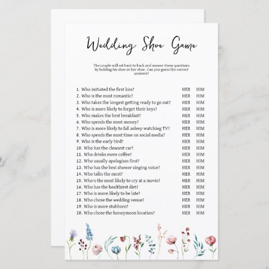 Wildflower Bruiloft of Koppels Douche Schoen Spel (Voorkant / Achterkant)