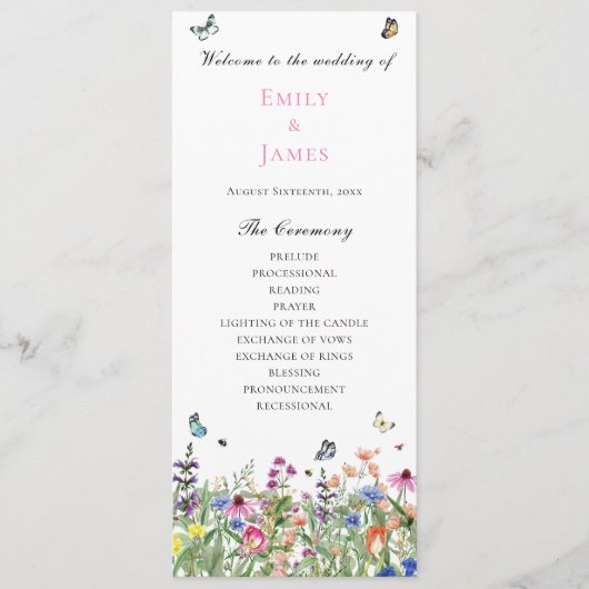 Wildflower bruiloft plat programma programmakaart (Voorkant)