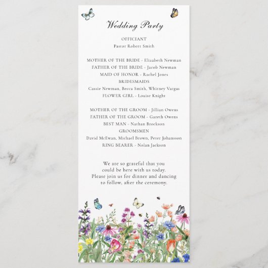 Wildflower bruiloft plat programma programmakaart (Achterkant)