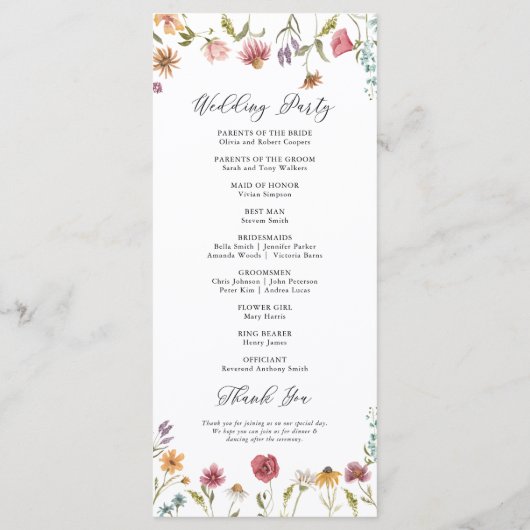 Wildflower bruiloft programma programmakaart (Achterkant)