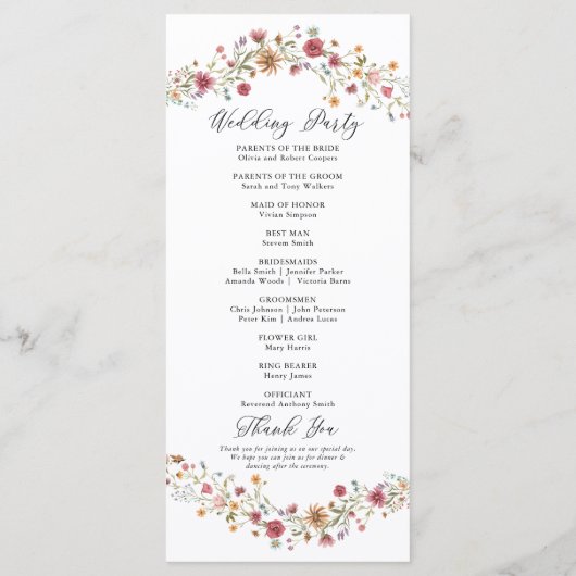 Wildflower bruiloft programma programmakaart (Achterkant)