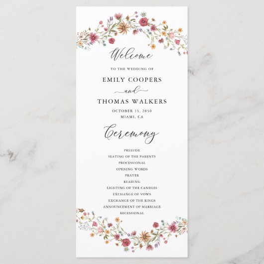 Wildflower bruiloft programma programmakaart (Voorkant)