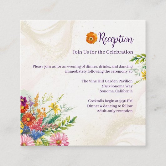 Wildflower bruiloft receptie informatiekaartje (Voorkant)