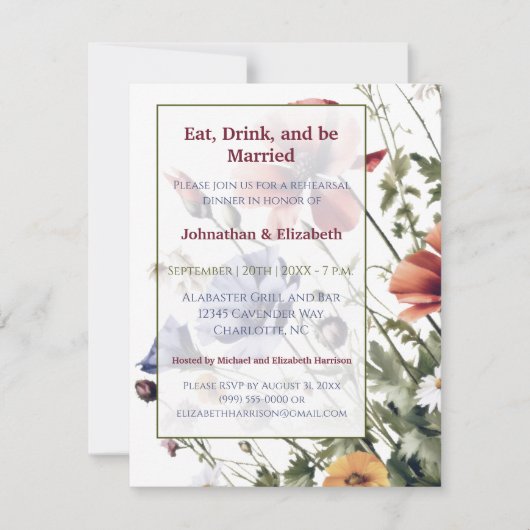 Wildflower bruiloft repetitie diner kaart (Voorkant)