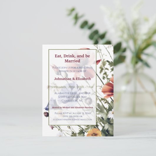 Wildflower bruiloft repetitie diner kaart (Staand voorkant)