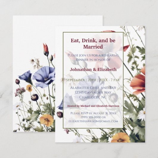 Wildflower bruiloft repetitie diner kaart