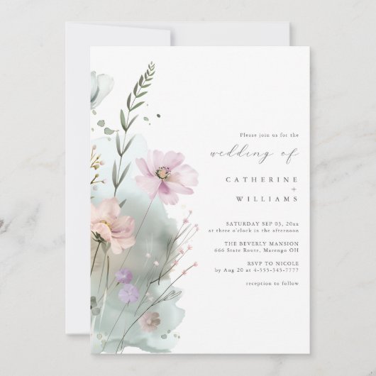 Wildflower bruiloft uitnodiging | Elegante Waterve (Voorkant)