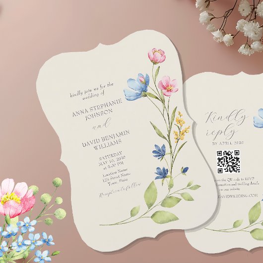 Wildflower bruiloft uitnodiging met QR-code