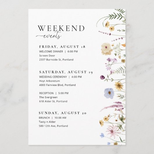 Wildflower bruiloft welkomstbrief tijdlijn Kaart (Achterkant)