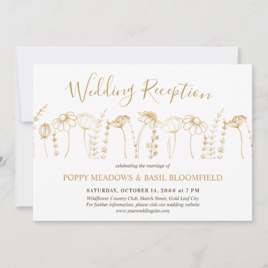 Wildflower Bruiloftsreceptie Gouden Bloemenschets Kaart (Voorkant)